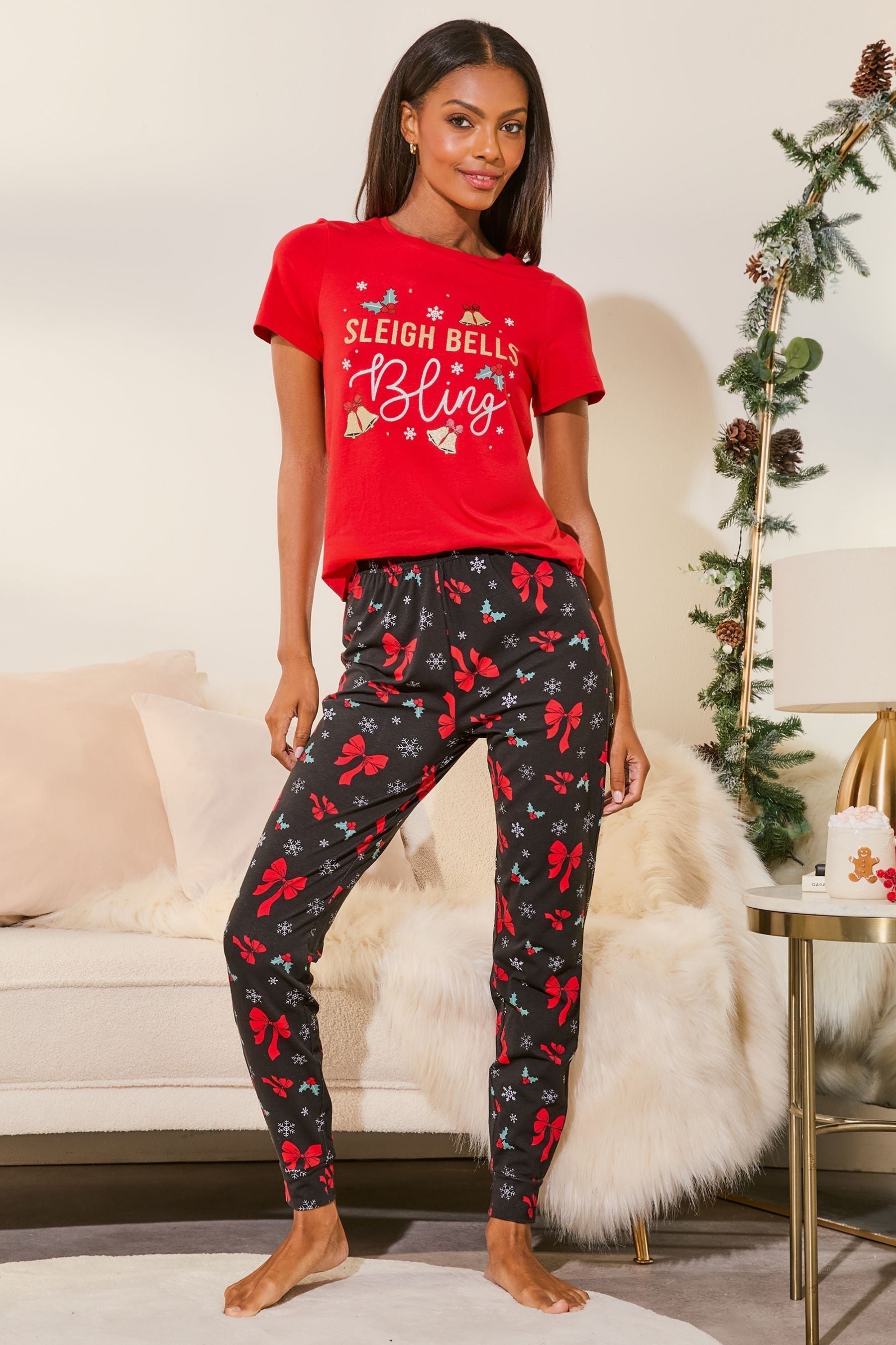 Red Sleigh Bells Christmas Jersey Pyjama Trousers Set