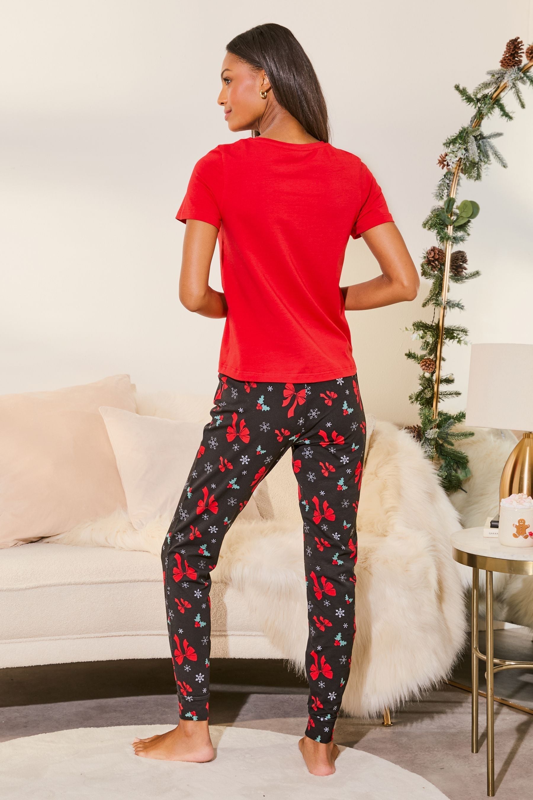 Red Sleigh Bells Christmas Jersey Pyjama Trousers Set