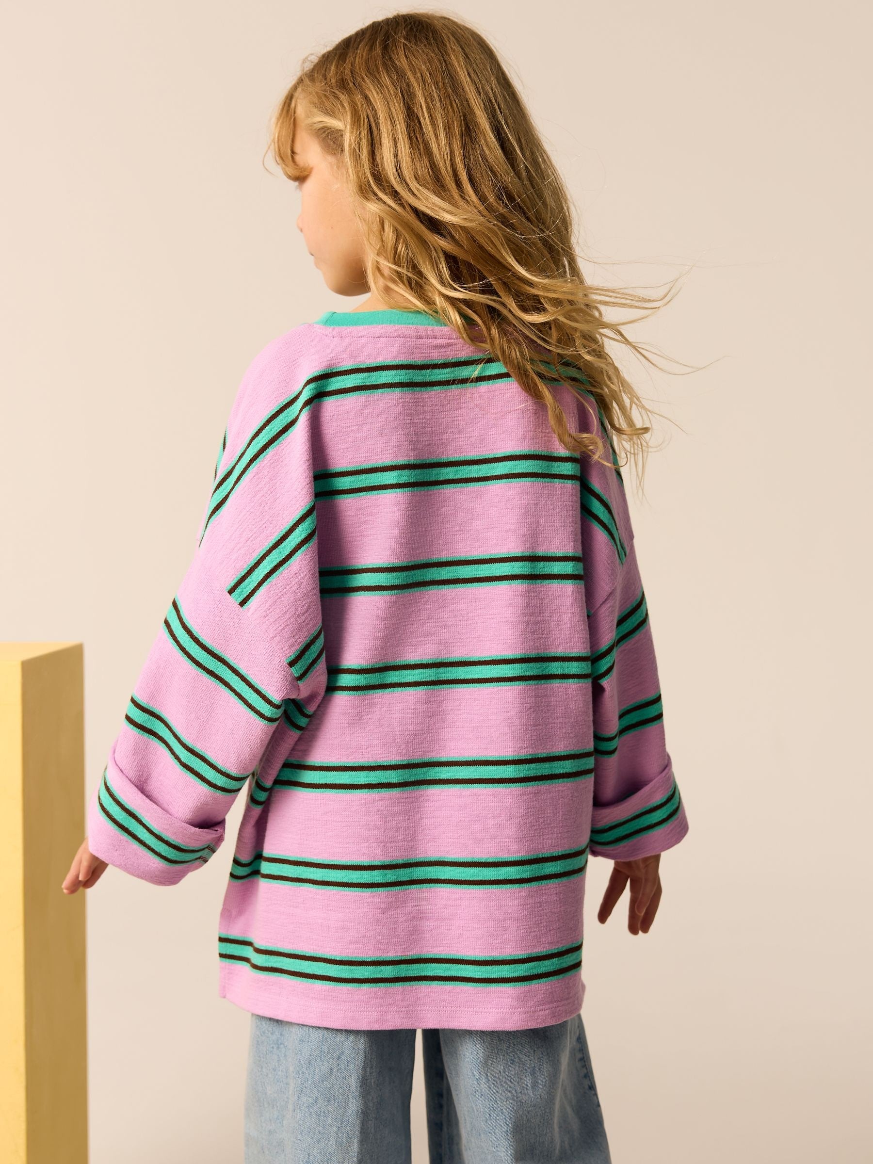 Pink/Green Oversized Long Sleeve Textured 100% Cotton T-Shirt (3-16yrs)