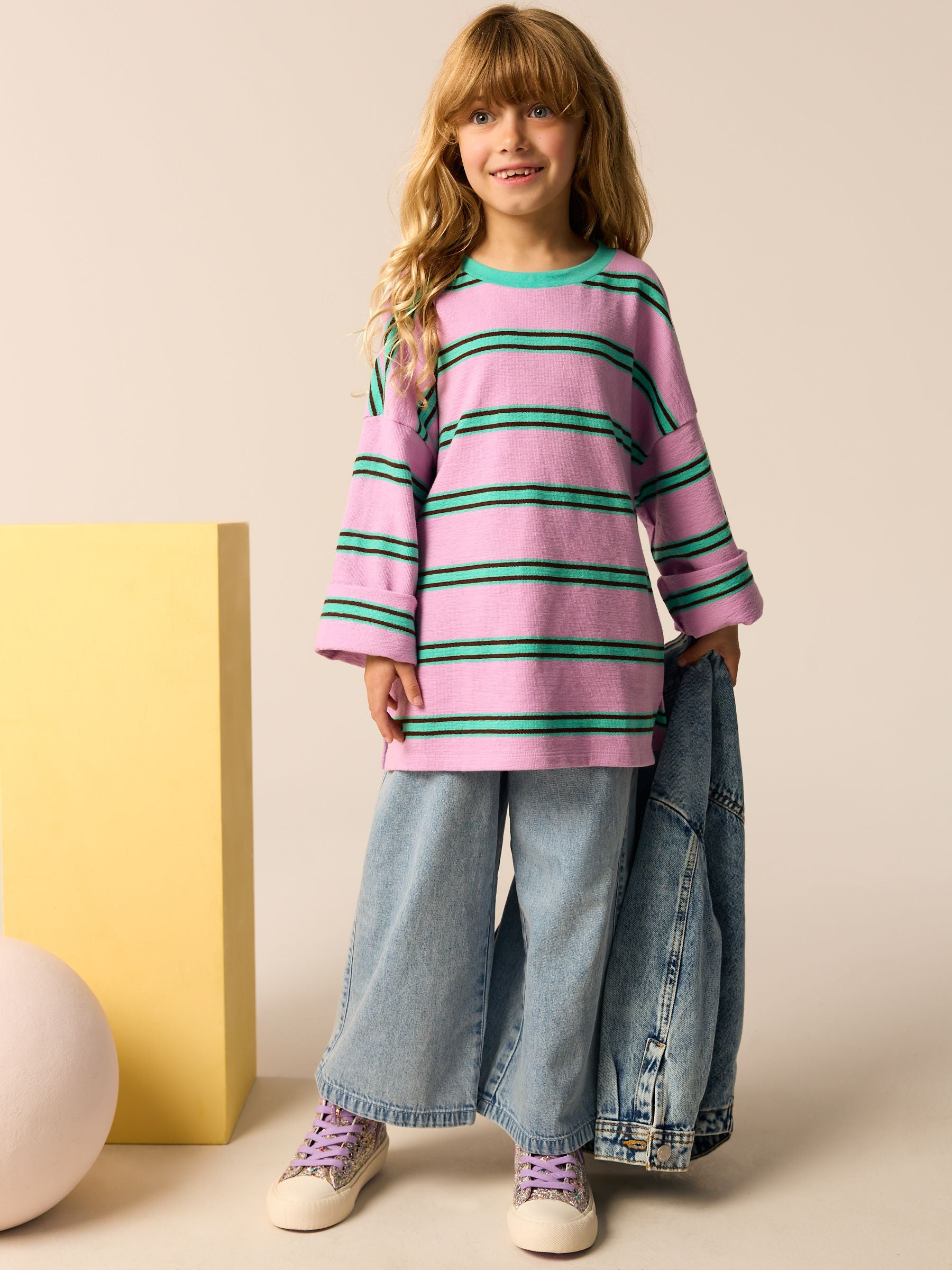 Pink/Green Oversized Long Sleeve Textured 100% Cotton T-Shirt (3-16yrs)