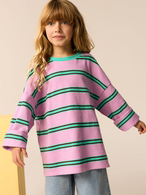 Pink/Green Oversized Long Sleeve Textured 100% Cotton T-Shirt (3-16yrs)