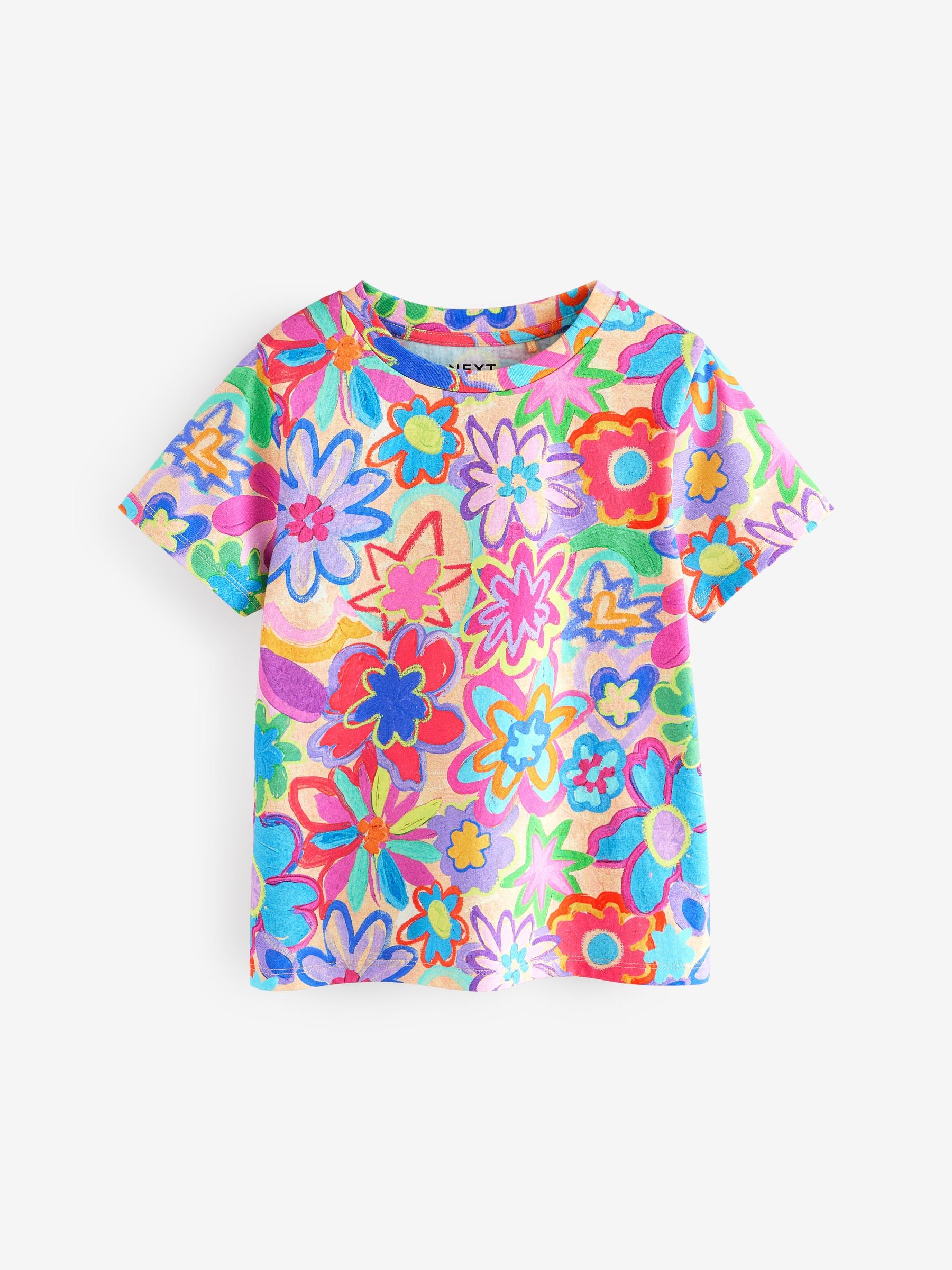 Multi Rainbow Floral Print 100% Cotton T-Shirt (3-16yrs)