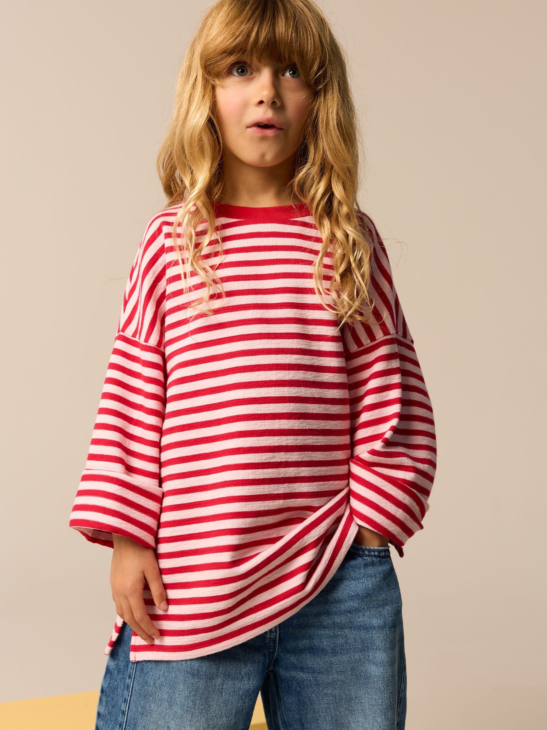 Red/Pink Oversized Long Sleeve Textured 100% Cotton T-Shirt (3-16yrs)