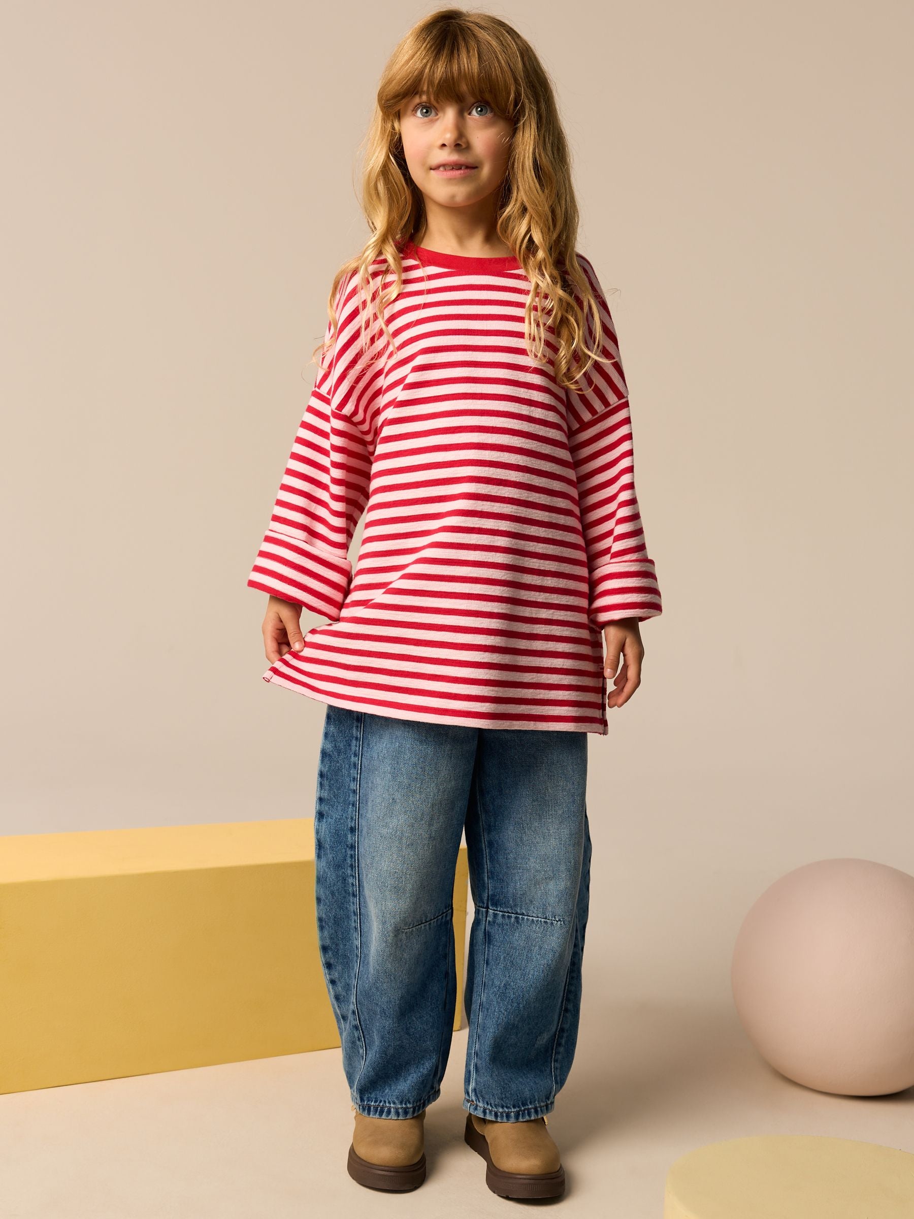 Red/Pink Oversized Long Sleeve Textured 100% Cotton T-Shirt (3-16yrs)