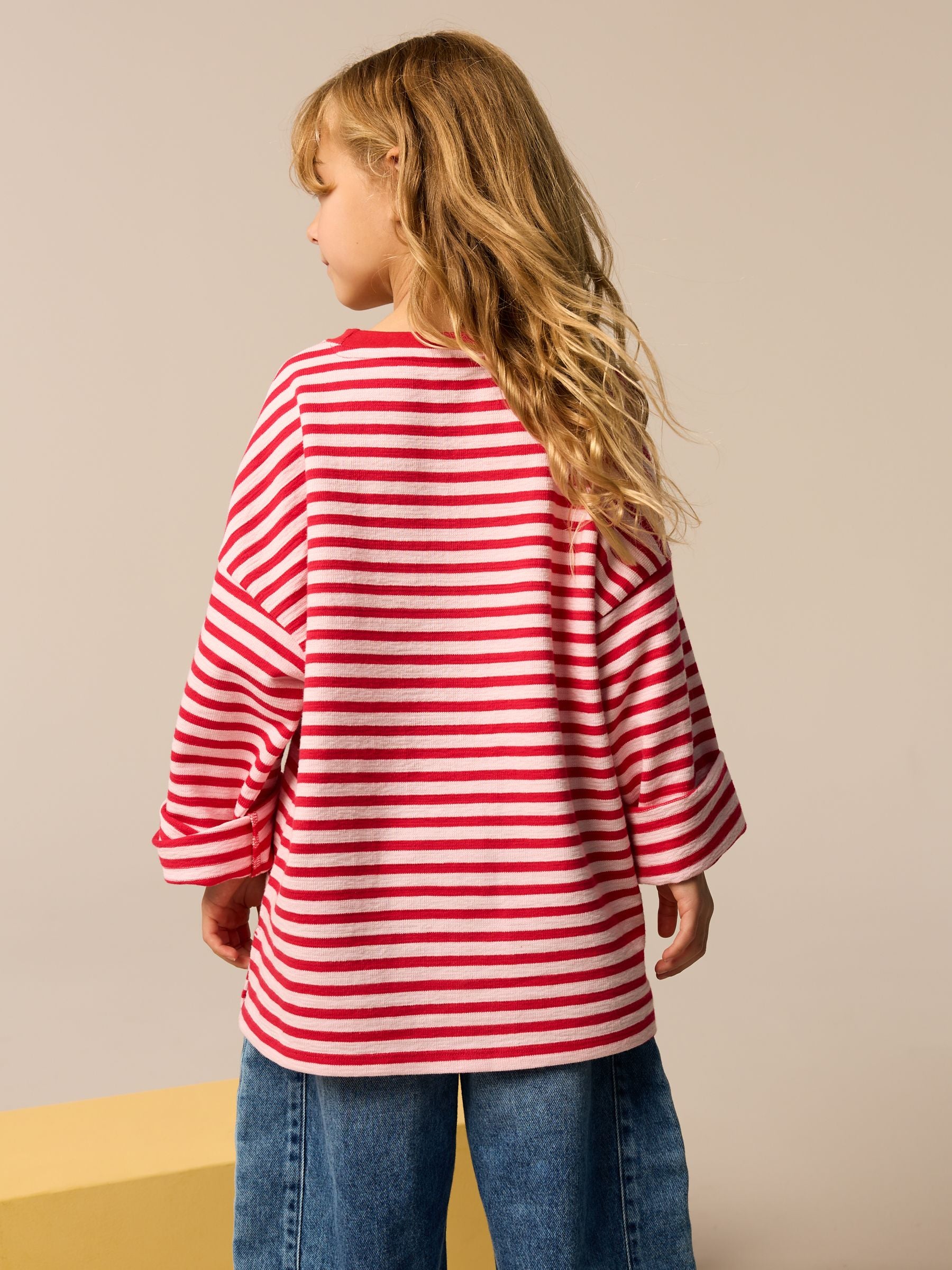 Red/Pink Oversized Long Sleeve Textured 100% Cotton T-Shirt (3-16yrs)