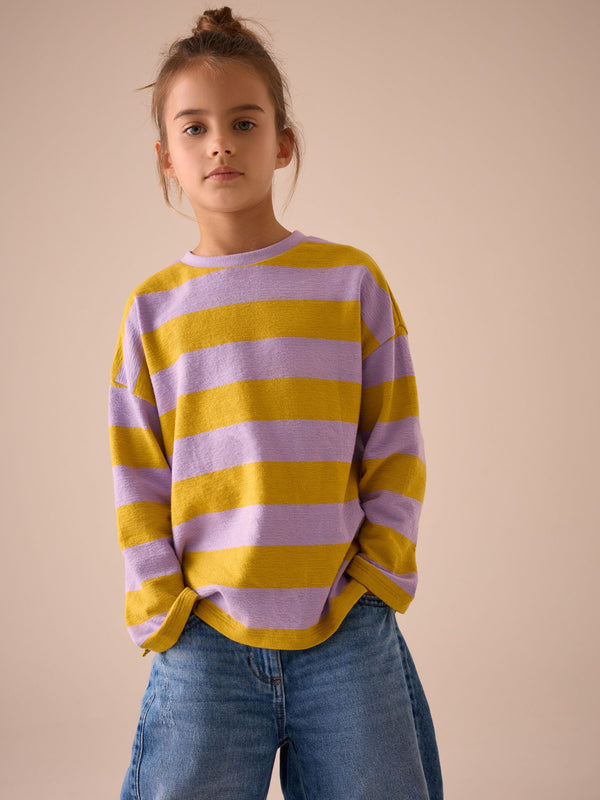 Purple/Ochre Oversized Long Sleeve Textured 100% Cotton T-Shirt (3-16yrs)