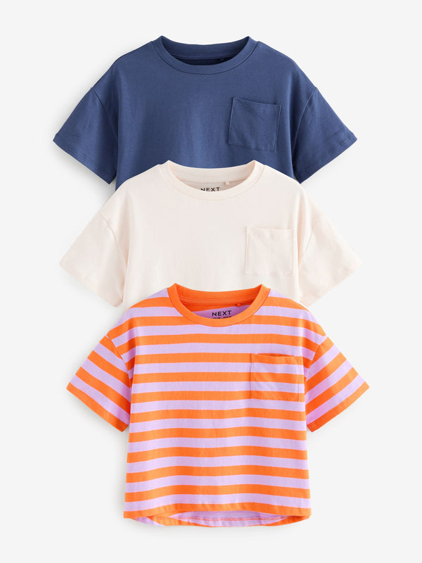 Blue/Orange/Ecru Boxy Stripe 100% Cotton T-Shirts 3 Pack (3-16yrs)