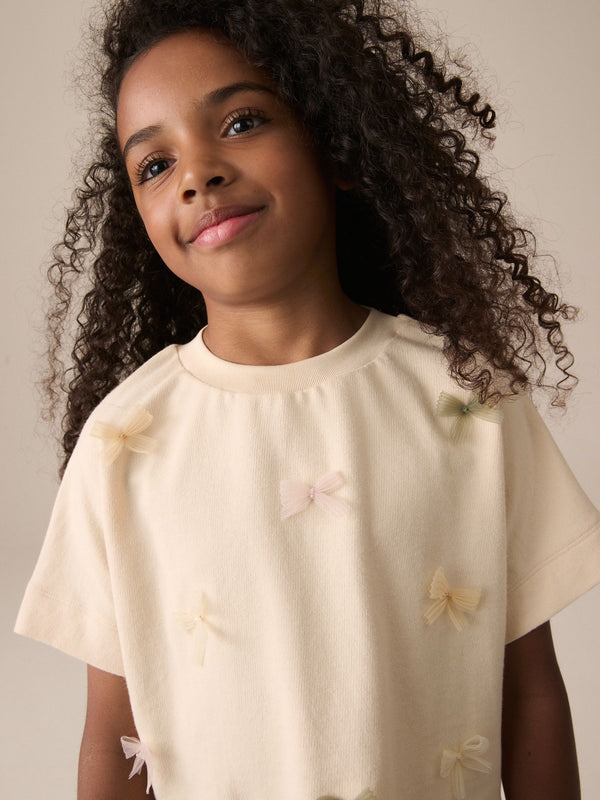 Ecru 100% Cotton Boxy Bows T-Shirt (3-16yrs)