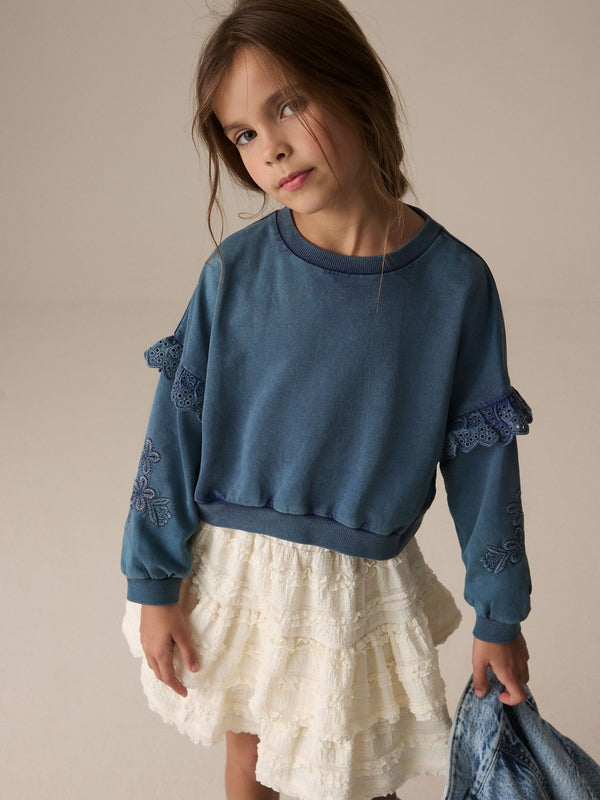 Denim 100% Cotton Embroidered Boxy Long Sleeve Sweatshirt (3-16yrs)