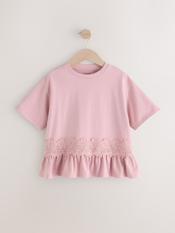 Pink Lace Frill Hem 100% Cotton T-Shirt (3-16yrs)