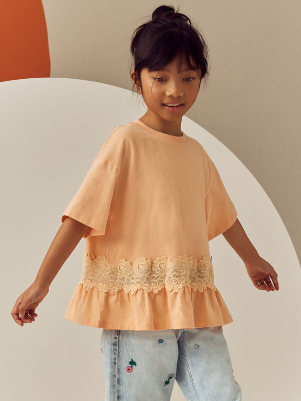 Orange Lace Frill Hem 100% Cotton T-Shirt (3-16yrs)