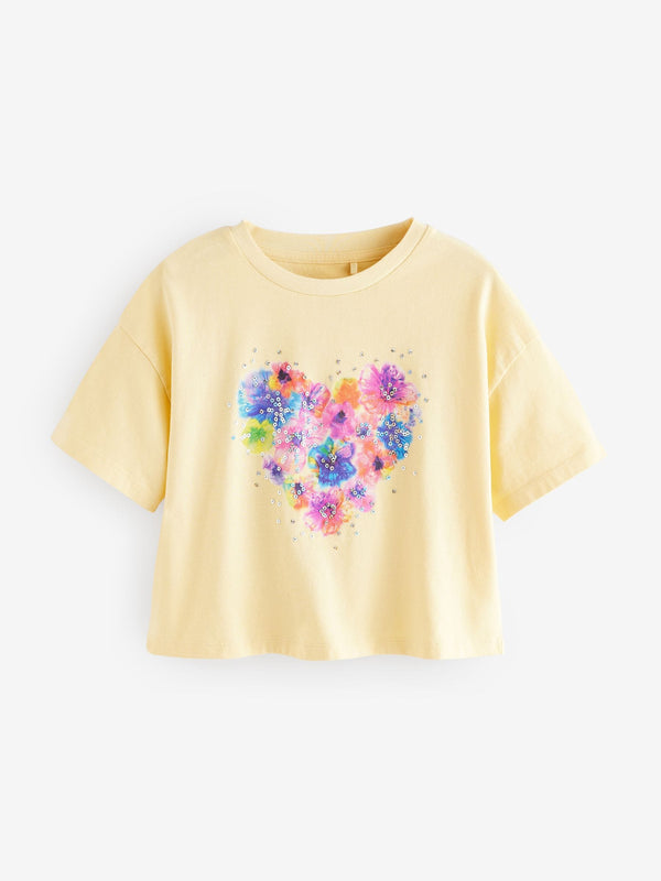 Yellow Sequin Floral Print Heart 100% Cotton T-Shirt (3-16yrs)