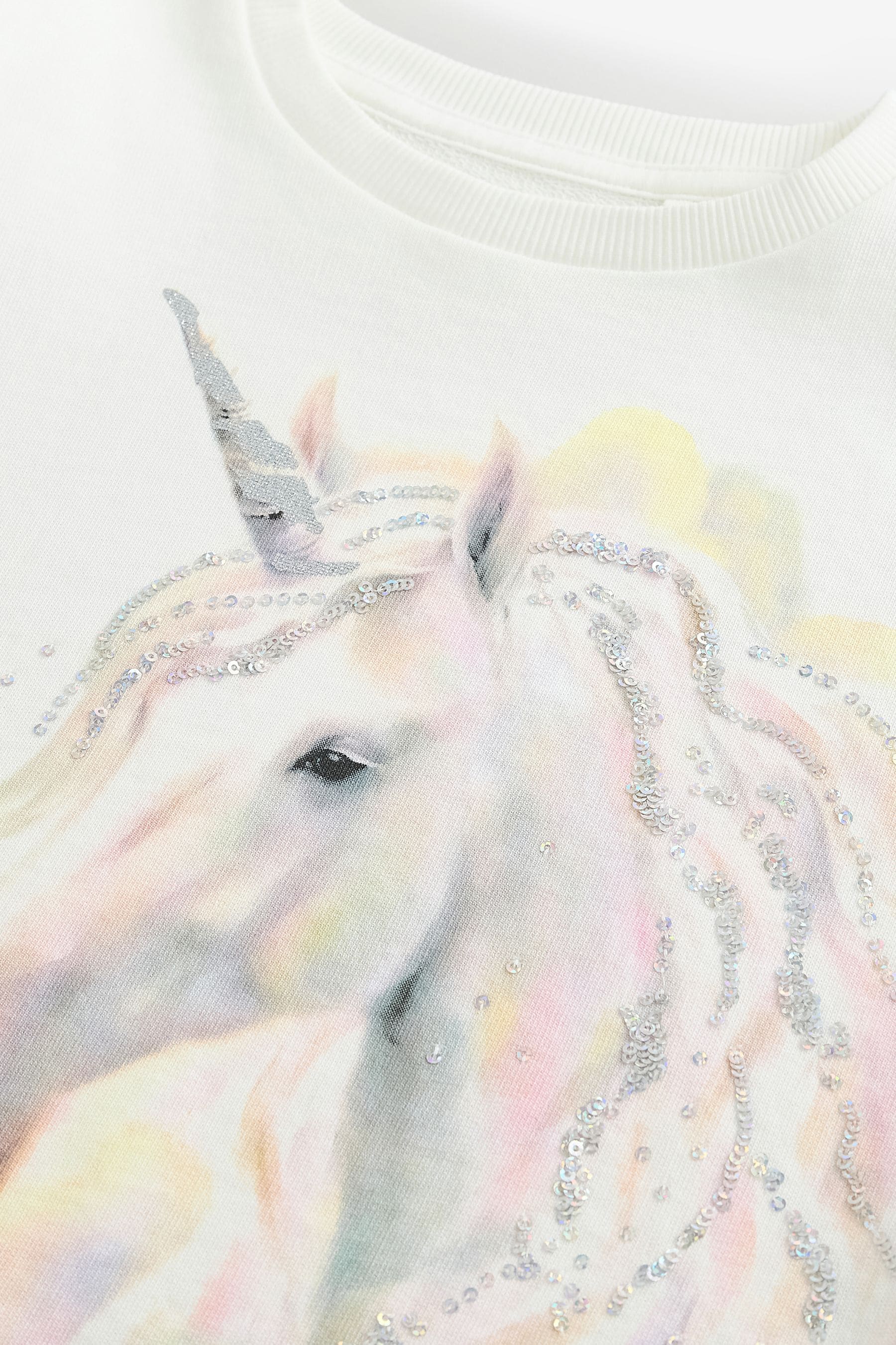 Ecru Sequin Unicorn Frill Sleeve 100% Cotton T-Shirt (3-16yrs)