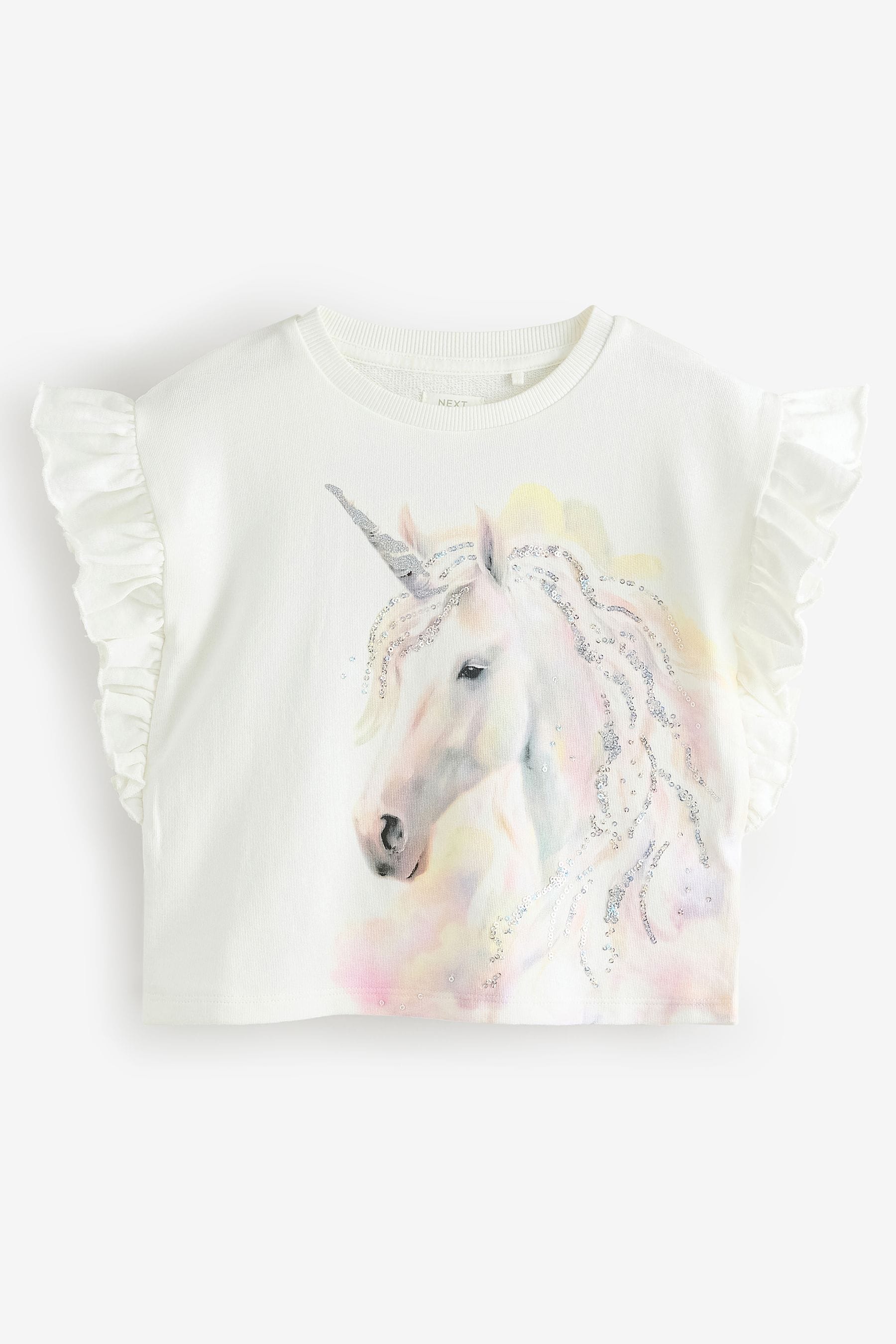 Ecru Sequin Unicorn Frill Sleeve 100% Cotton T-Shirt (3-16yrs)