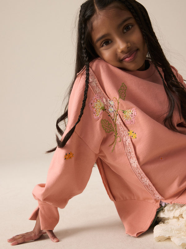 Blush Pink Oversized Embroidered Floral Print 100% Cotton Sweatshirt with Raw Edge Detail (3-16yrs)