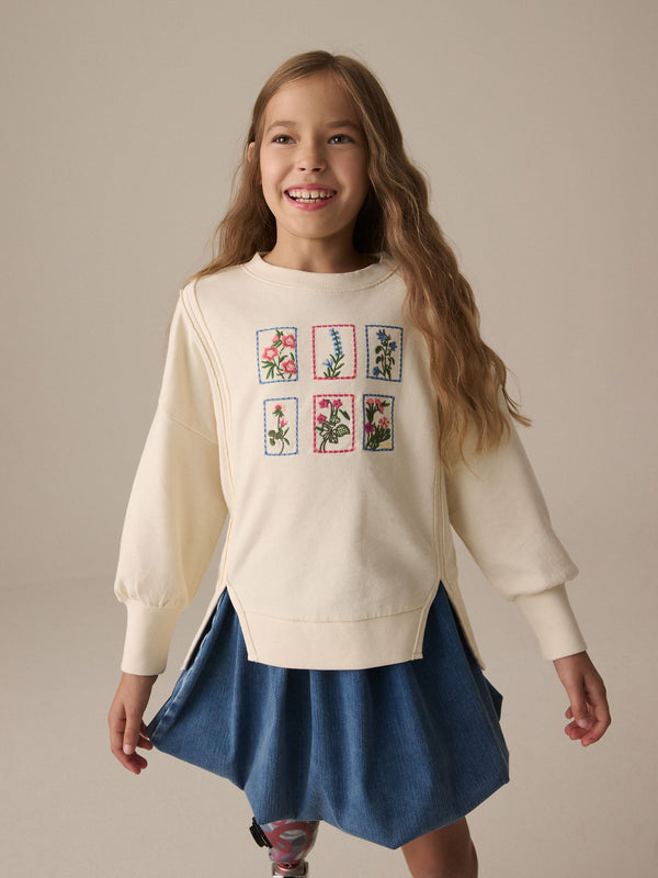 Pink Oversized Embroidered Floral Print 100% Cotton Sweatshirt with Raw Edge Detail (3-16yrs)