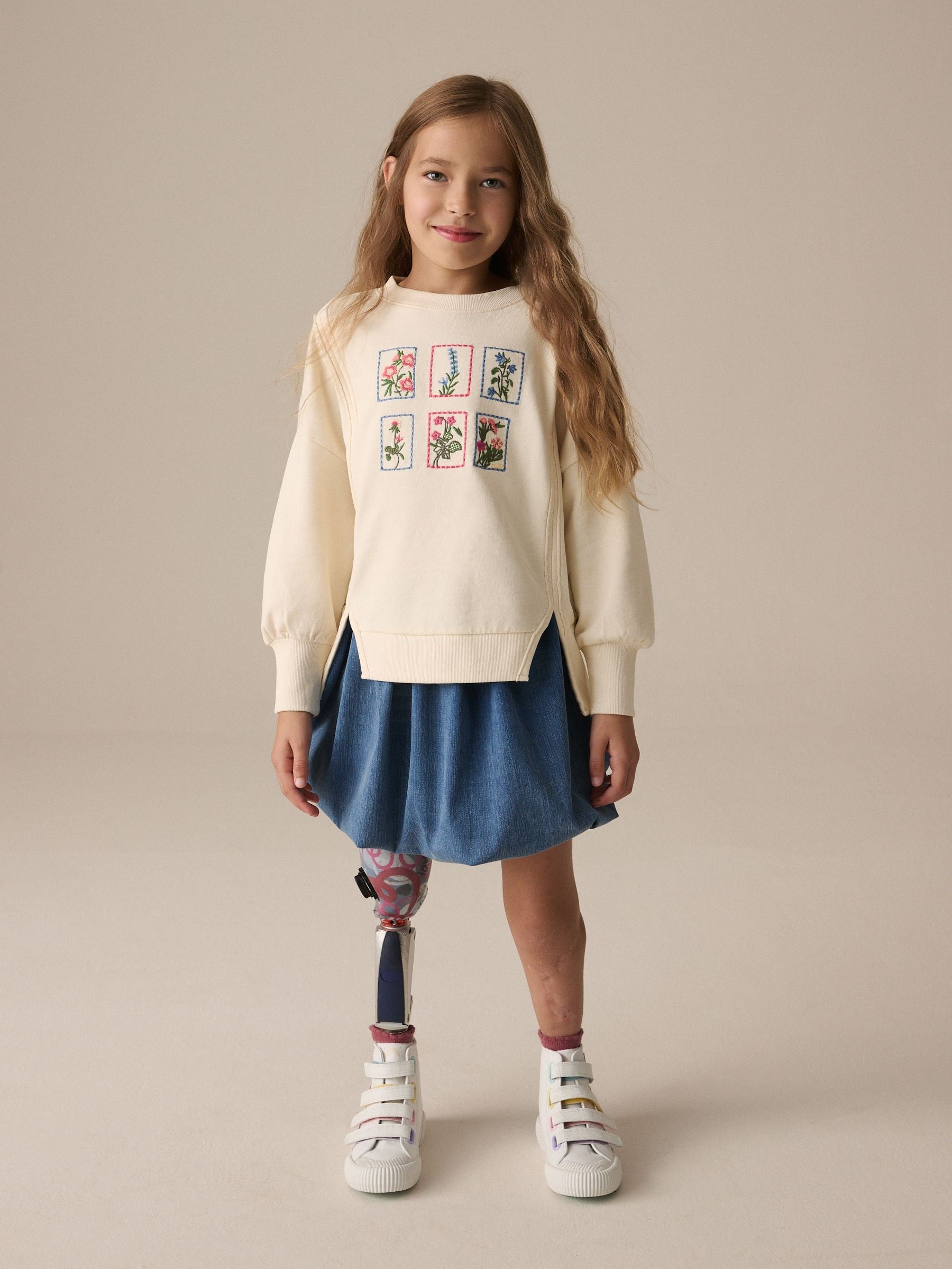 Pink Oversized Embroidered Floral Print 100% Cotton Sweatshirt with Raw Edge Detail (3-16yrs)