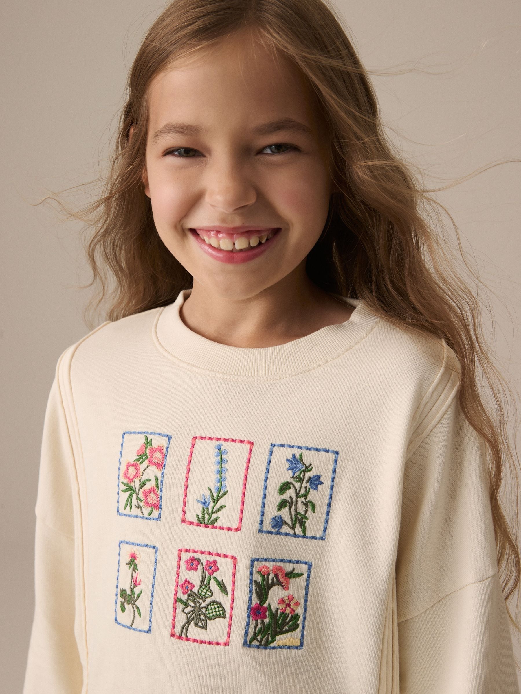 Pink Oversized Embroidered Floral Print 100% Cotton Sweatshirt with Raw Edge Detail (3-16yrs)