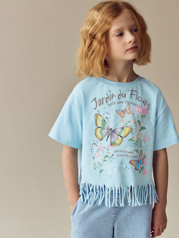 Blue Sequin Butterfly Fringe 100% Cotton T-Shirt (3-16yrs)