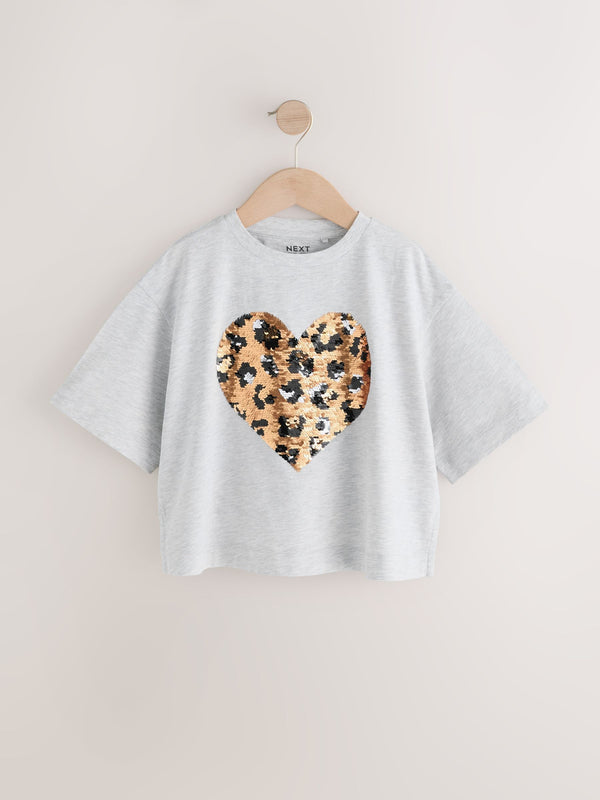 Grey Sequin Animal Heart Print T-Shirt (3-16yrs)