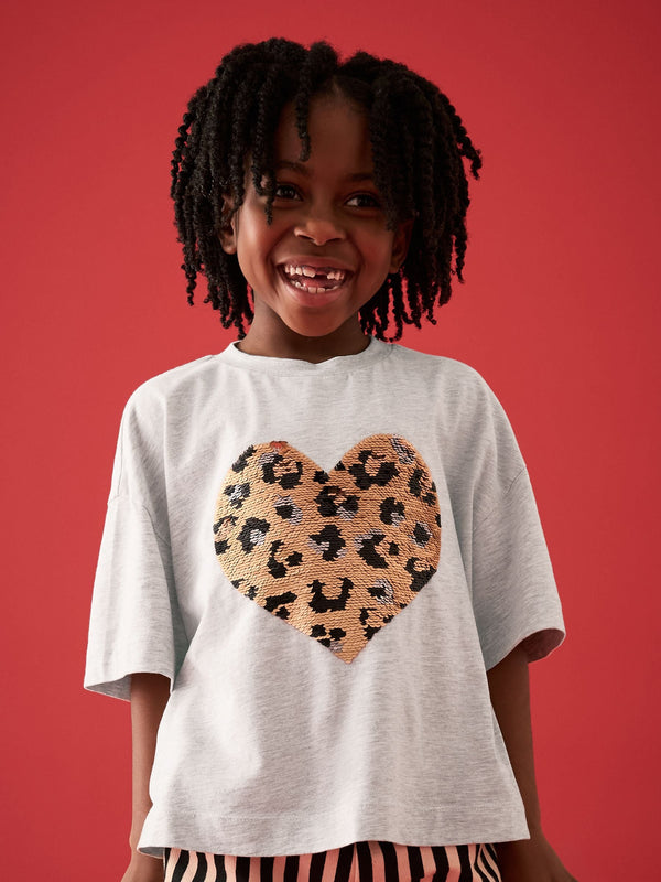 Grey Sequin Animal Heart Print T-Shirt (3-16yrs)