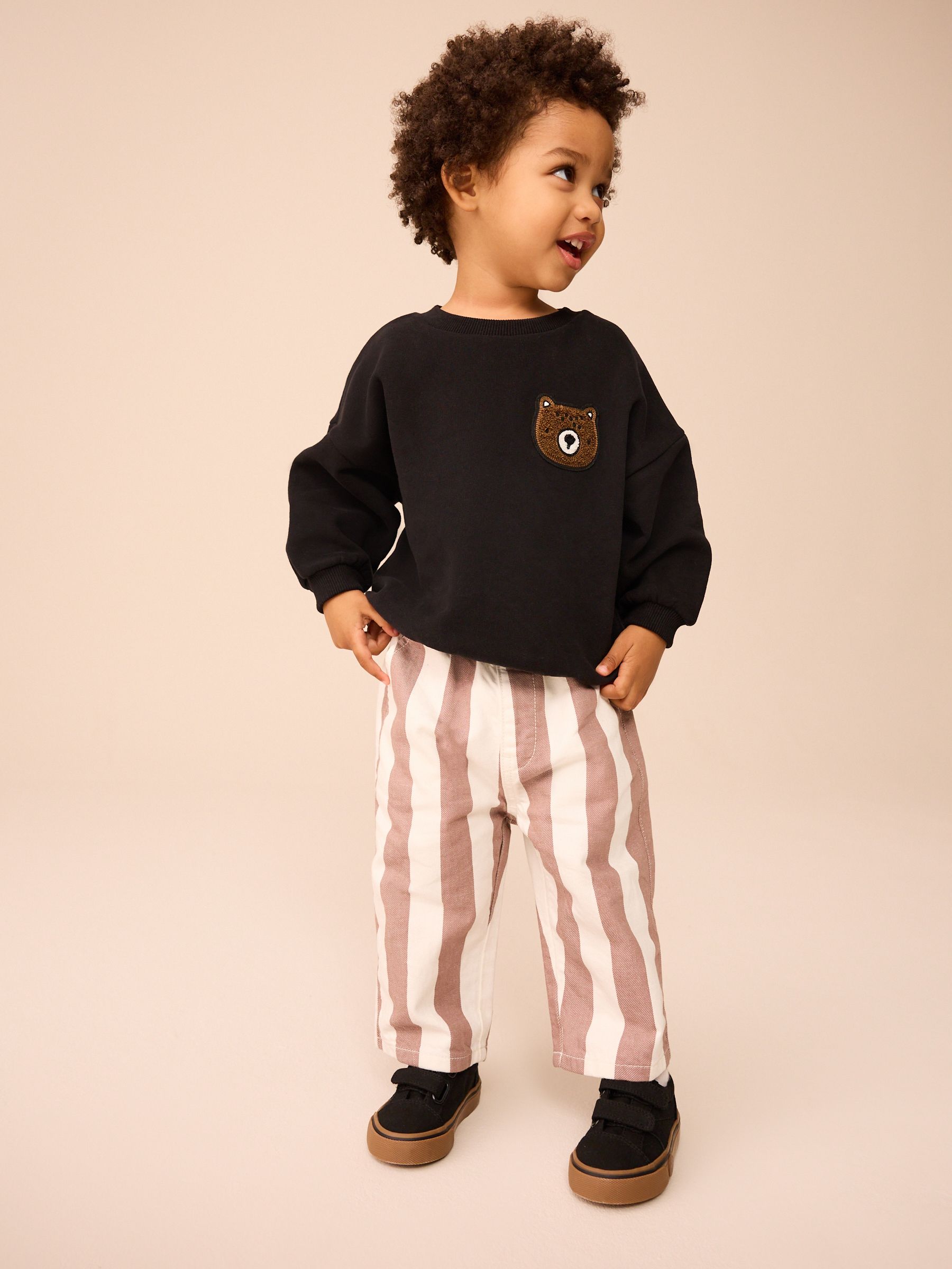 Neutral/Ecru Stripe 100% Cotton Pull On Wide Trousers (3mths-7yrs)