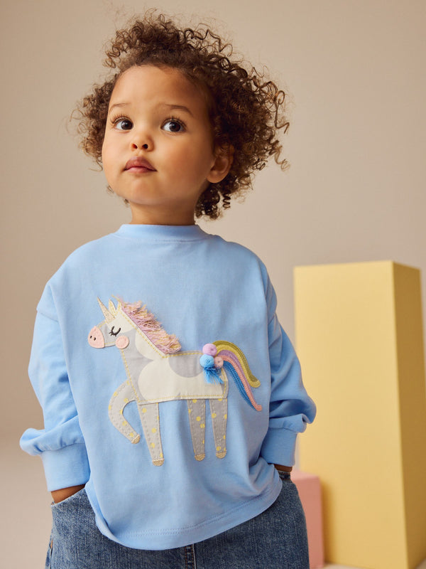 Blue Unicorn Long Sleeve 100% Cotton T-Shirt (3mths-7yrs)