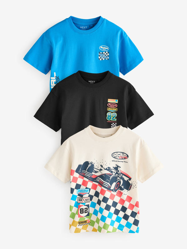 Blue/Ecru Racing Car Relaxed Fit Graphic 100% Cotton Short Sleeve T-Shirts 3 Pack (3-16yrs)