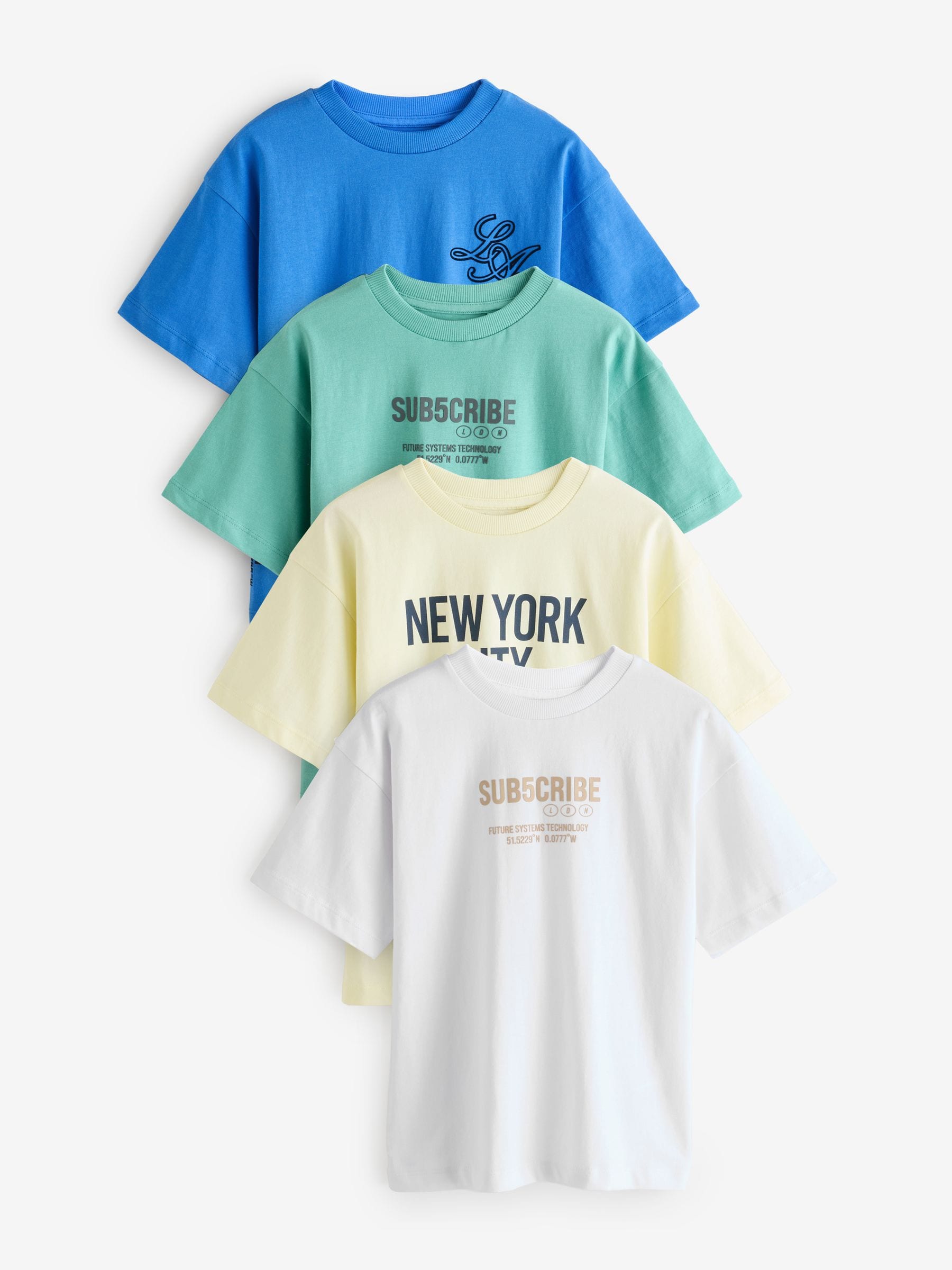 Green/Blue/White/Pale Yellow Relaxed Fit Graphic Short Sleeve 100% Cotton T-Shirts 4 Pack (3-16yrs)