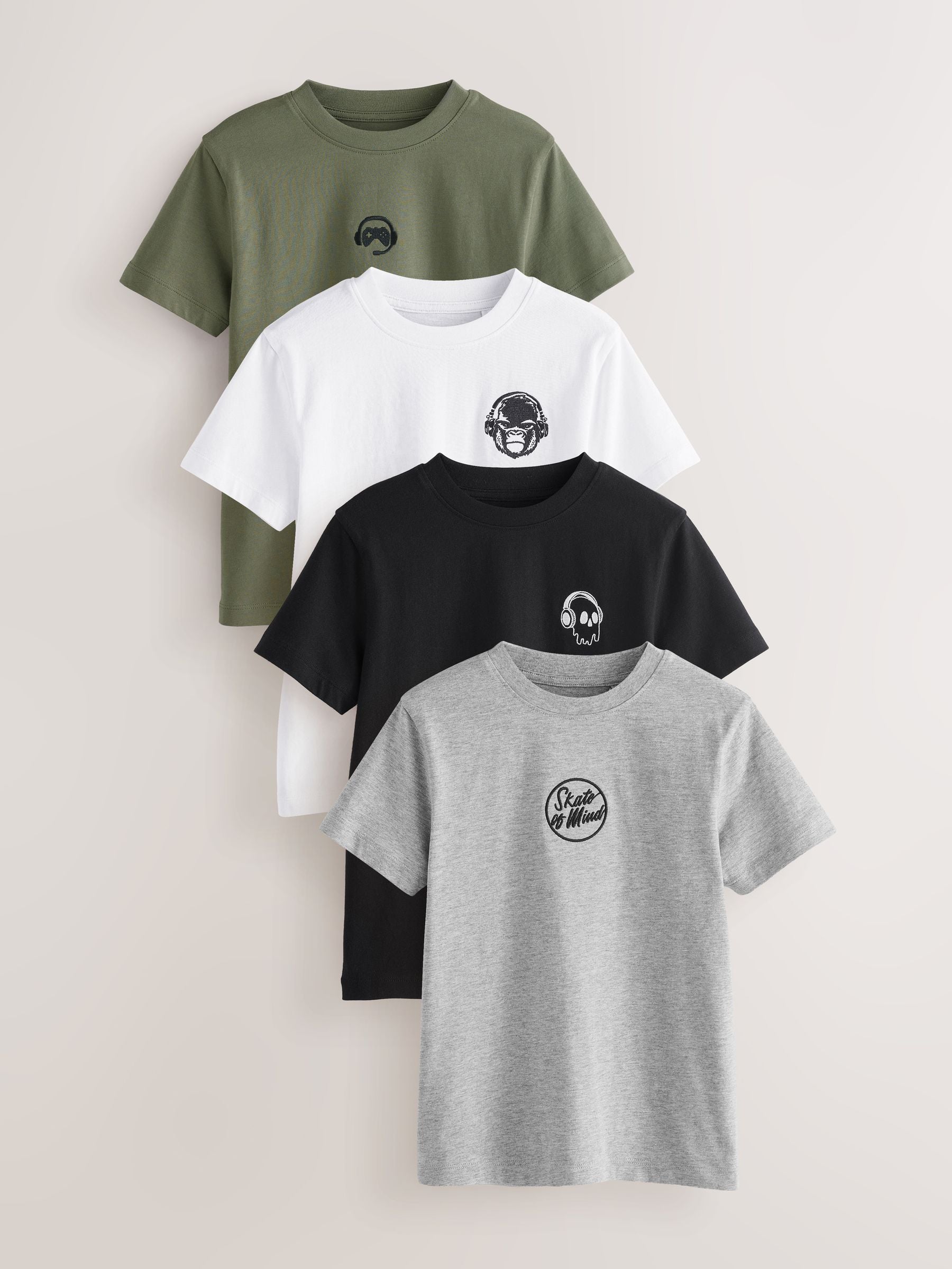 Black/White/Grey Marl/Khaki Short Sleeves Embroidery Sign Off T-Shirts 4 Pack (3-16yrs)