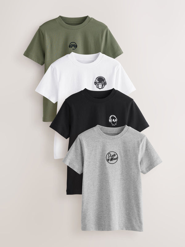 Black/White/Grey Marl/Khaki Short Sleeves Embroidery Sign Off 100% Cotton T-Shirts 4 Pack (3-16yrs)