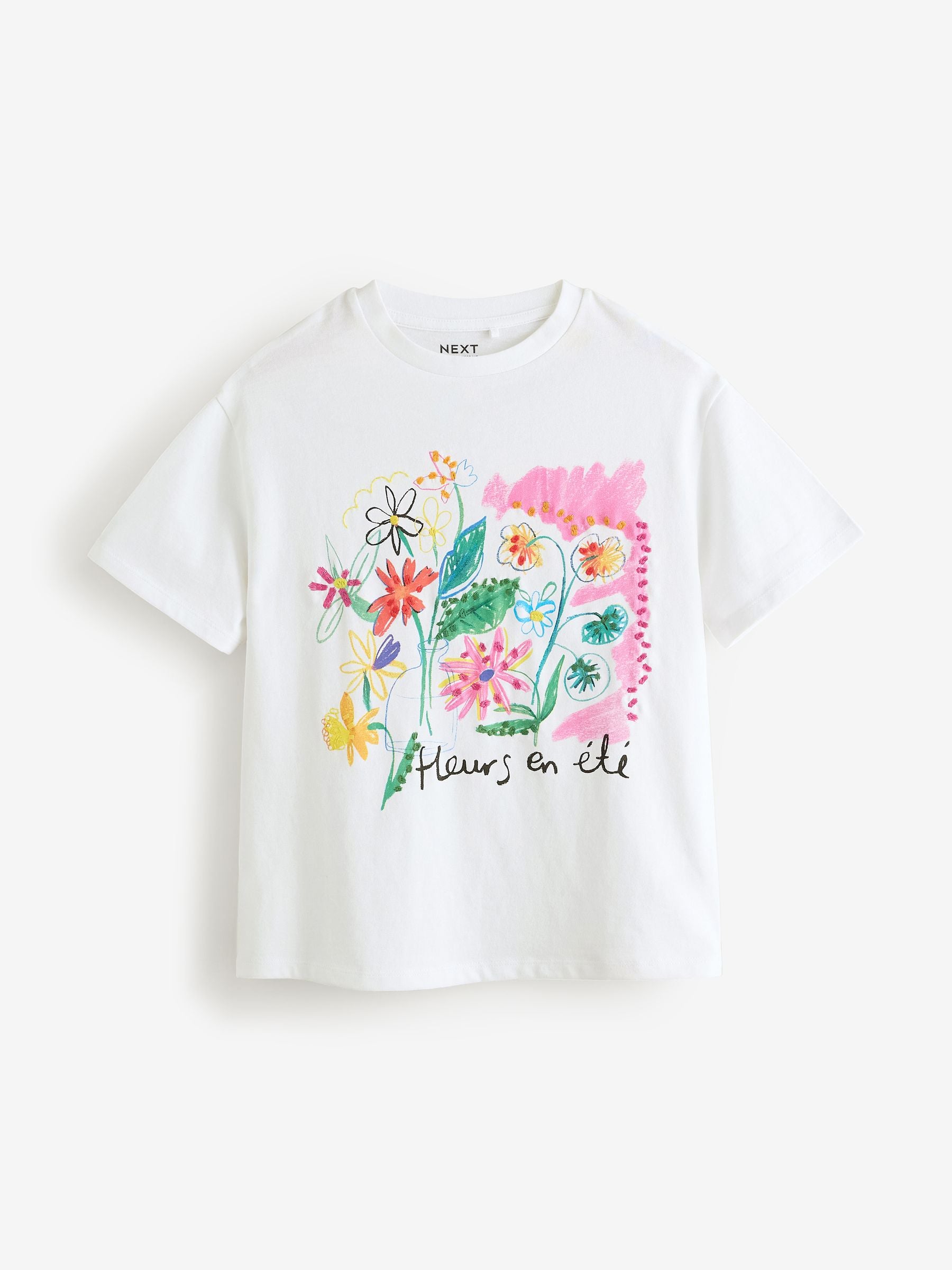 Ecru Oversized Doodle Flower Print Graphic 100% Cotton T-Shirt (3-16yrs)