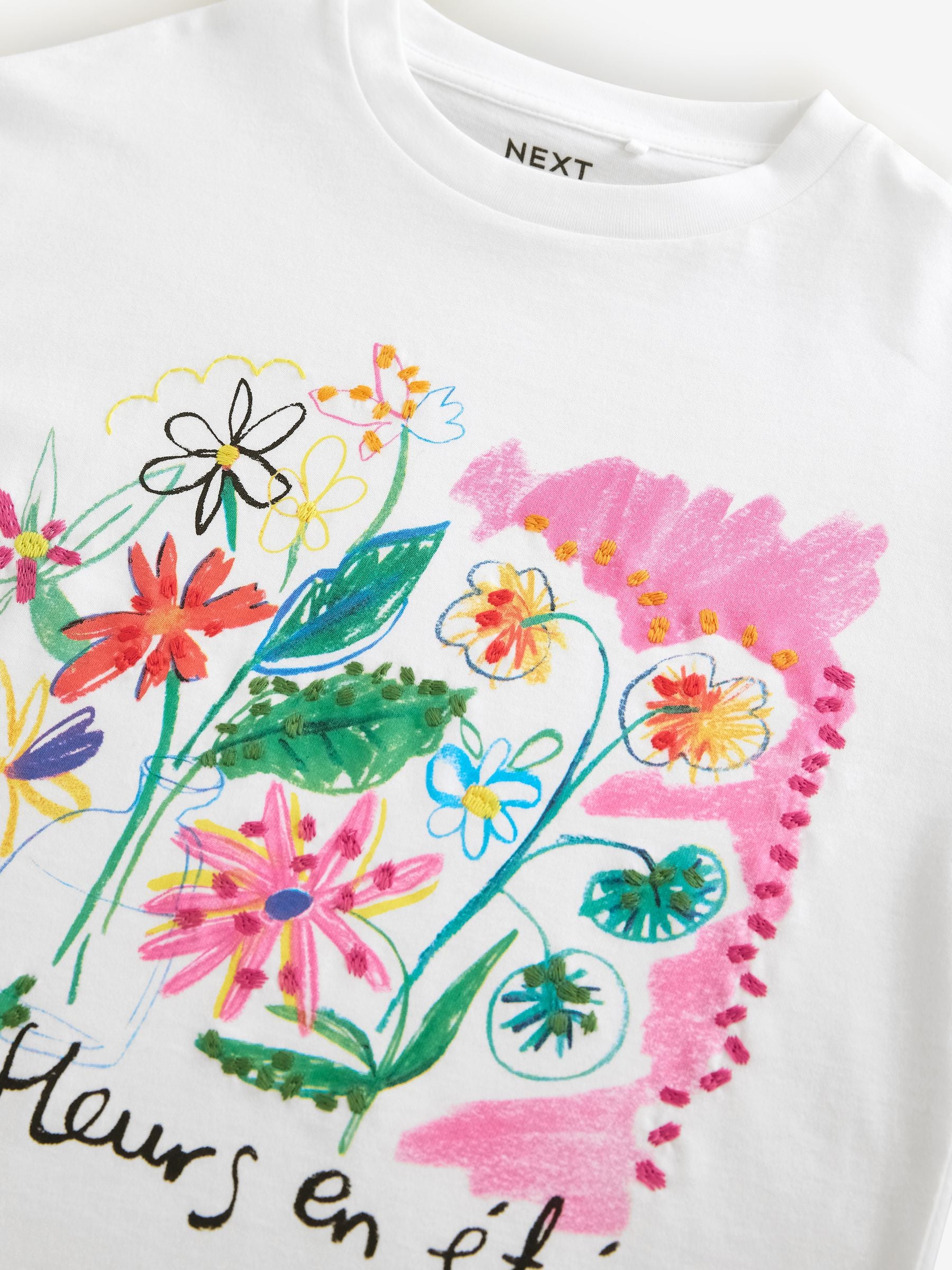 Ecru Oversized Doodle Flower Print Graphic 100% Cotton T-Shirt (3-16yrs)