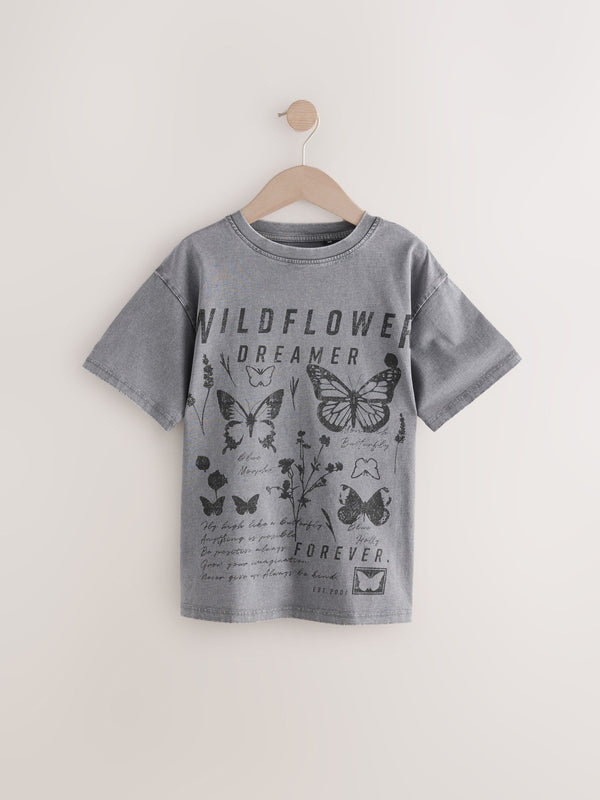 Charcoal Grey Oversized Graphic 100% Cotton T-Shirt (3-16yrs)