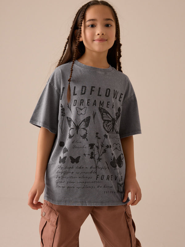 Charcoal Grey 100% Cotton Oversized Graphic T-Shirt (3-16yrs)