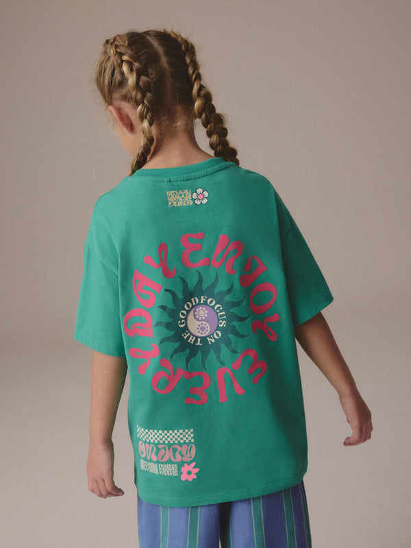 Green/Pink Oversized Doodle Flower Print Graphic 100% Cotton T-Shirt (3-16yrs)