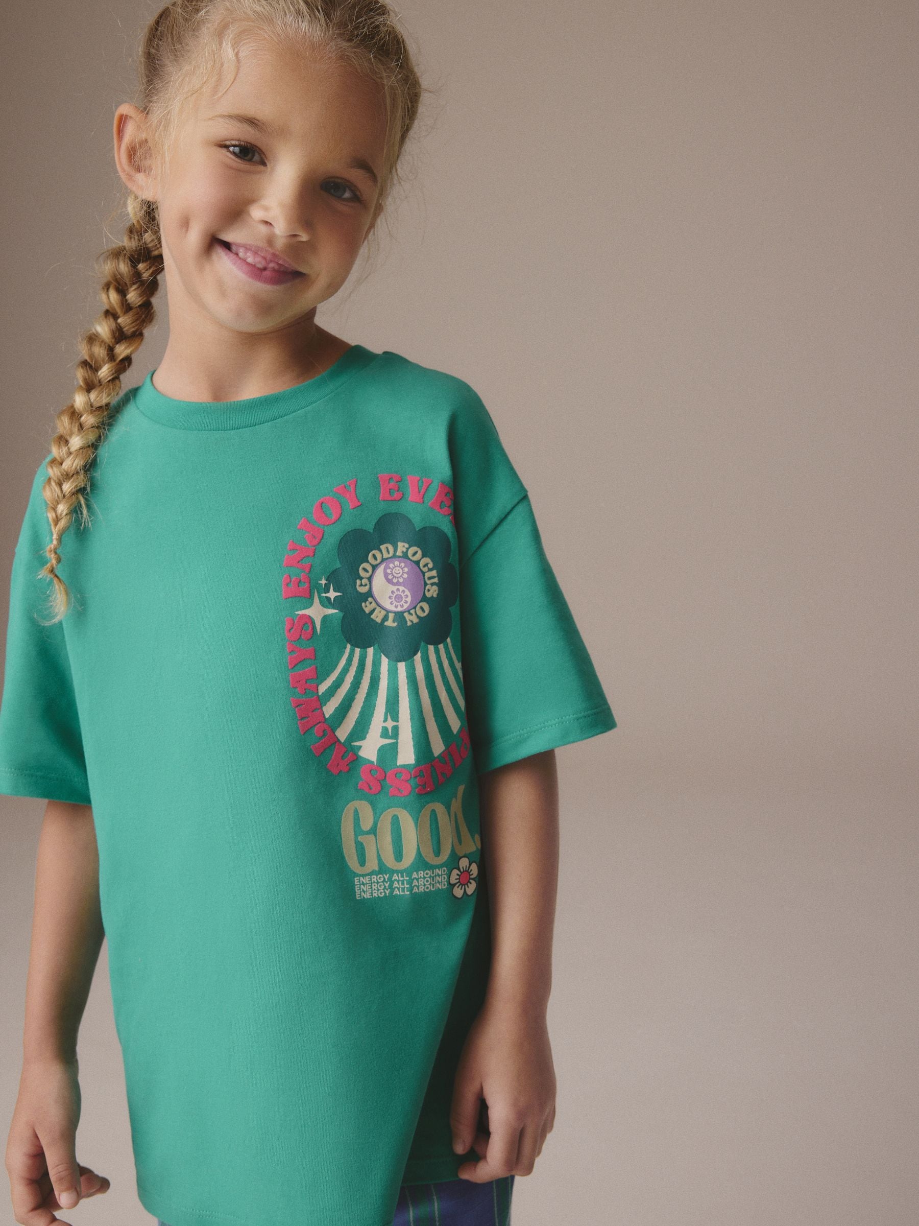 Green/Pink Oversized Doodle Flower Print Graphic 100% Cotton T-Shirt (3-16yrs)