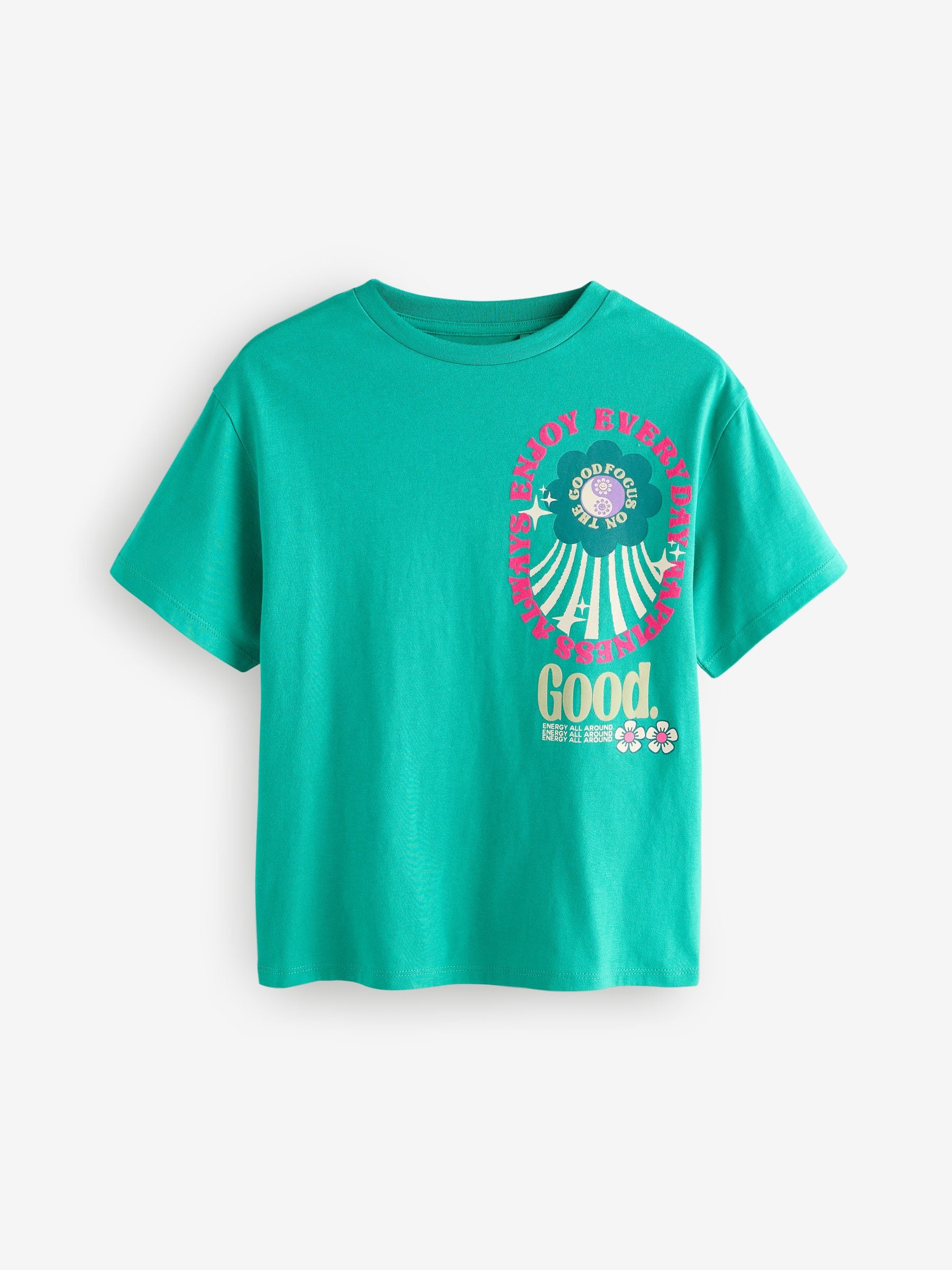 Green/Pink Oversized Doodle Flower Print Graphic 100% Cotton T-Shirt (3-16yrs)