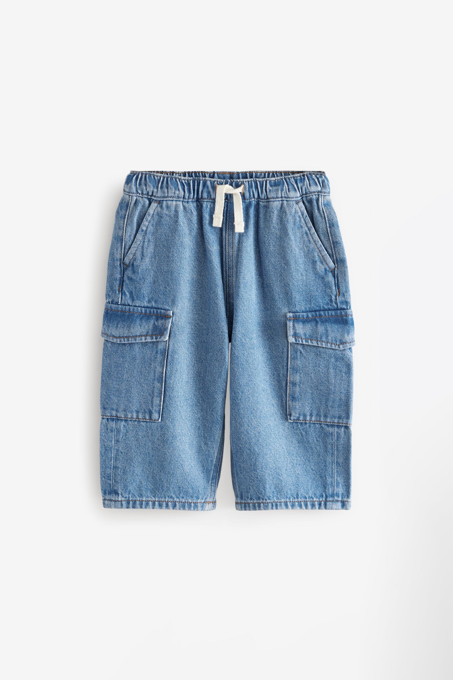 Mid Blue Denim Wide Leg Pull On Cargo 100% Cotton Jeans (3mths-7yrs)