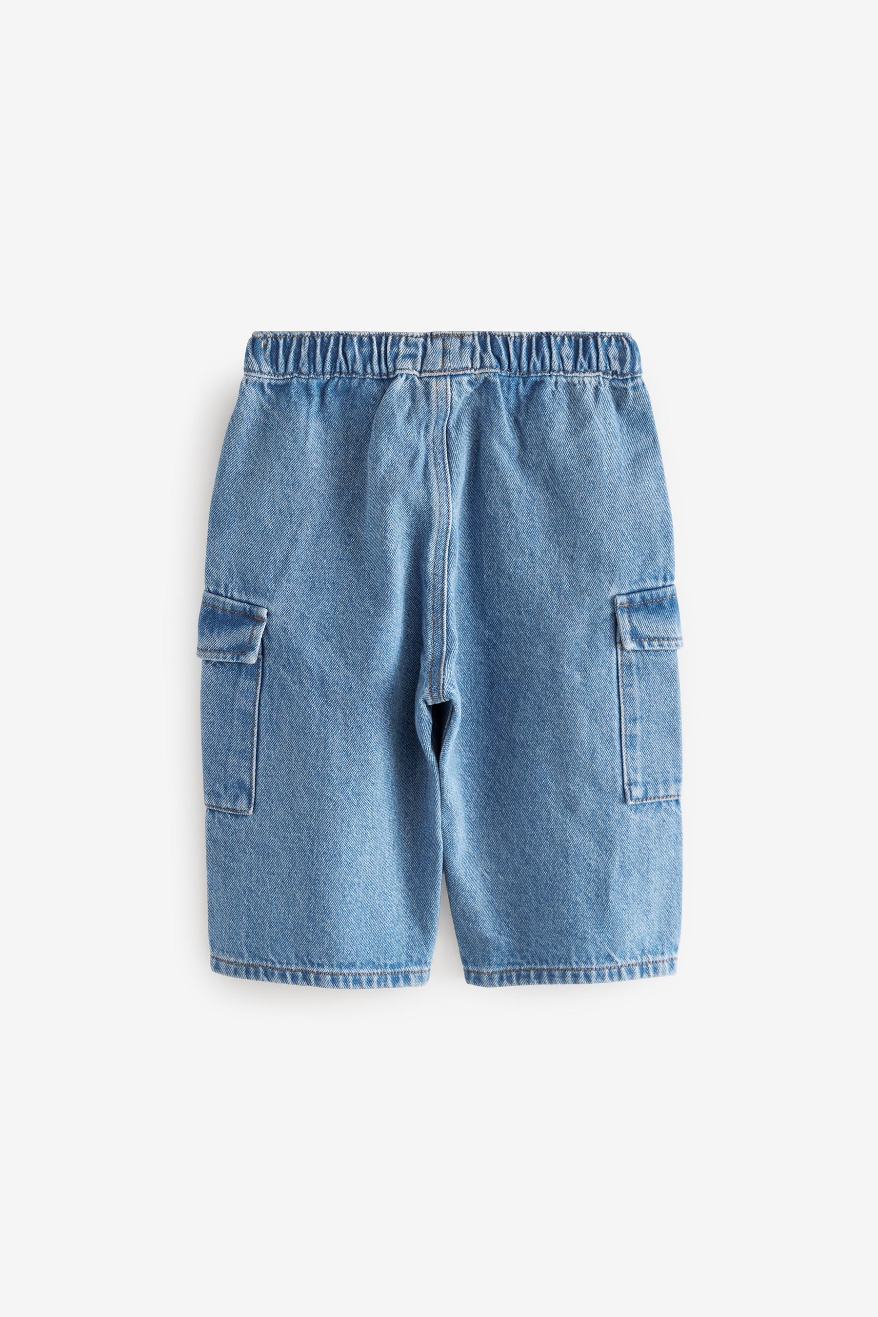 Mid Blue Denim Wide Leg Pull On Cargo 100% Cotton Jeans (3mths-7yrs)