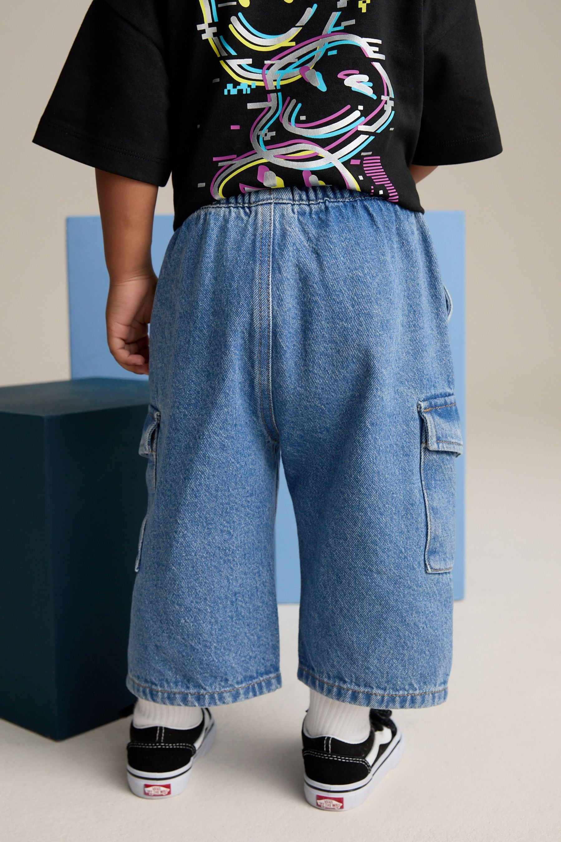 Mid Blue Denim Wide Leg Pull On Cargo 100% Cotton Jeans (3mths-7yrs)