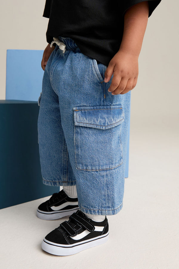 Mid Blue Denim Wide Leg Pull On Cargo 100% Cotton Jeans (3mths-7yrs)