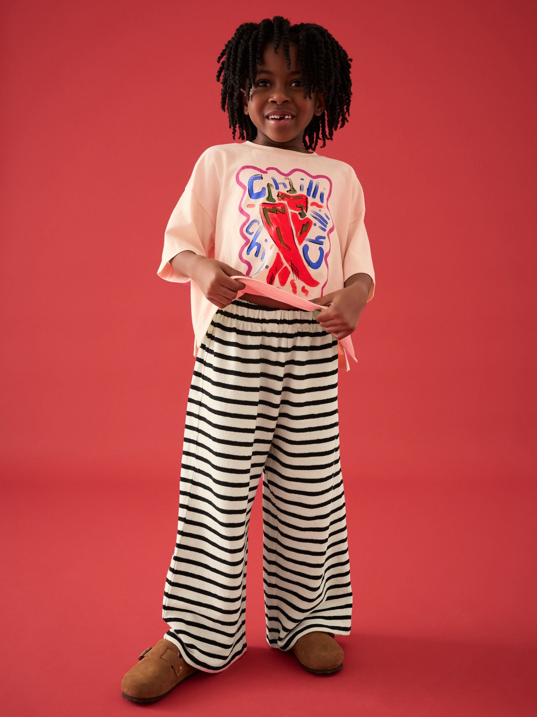 Orange/White Oversized Chilli 100% Cotton Graphic Print T-Shirt with Wide Leg Crochet Trousers (3-16yrs)