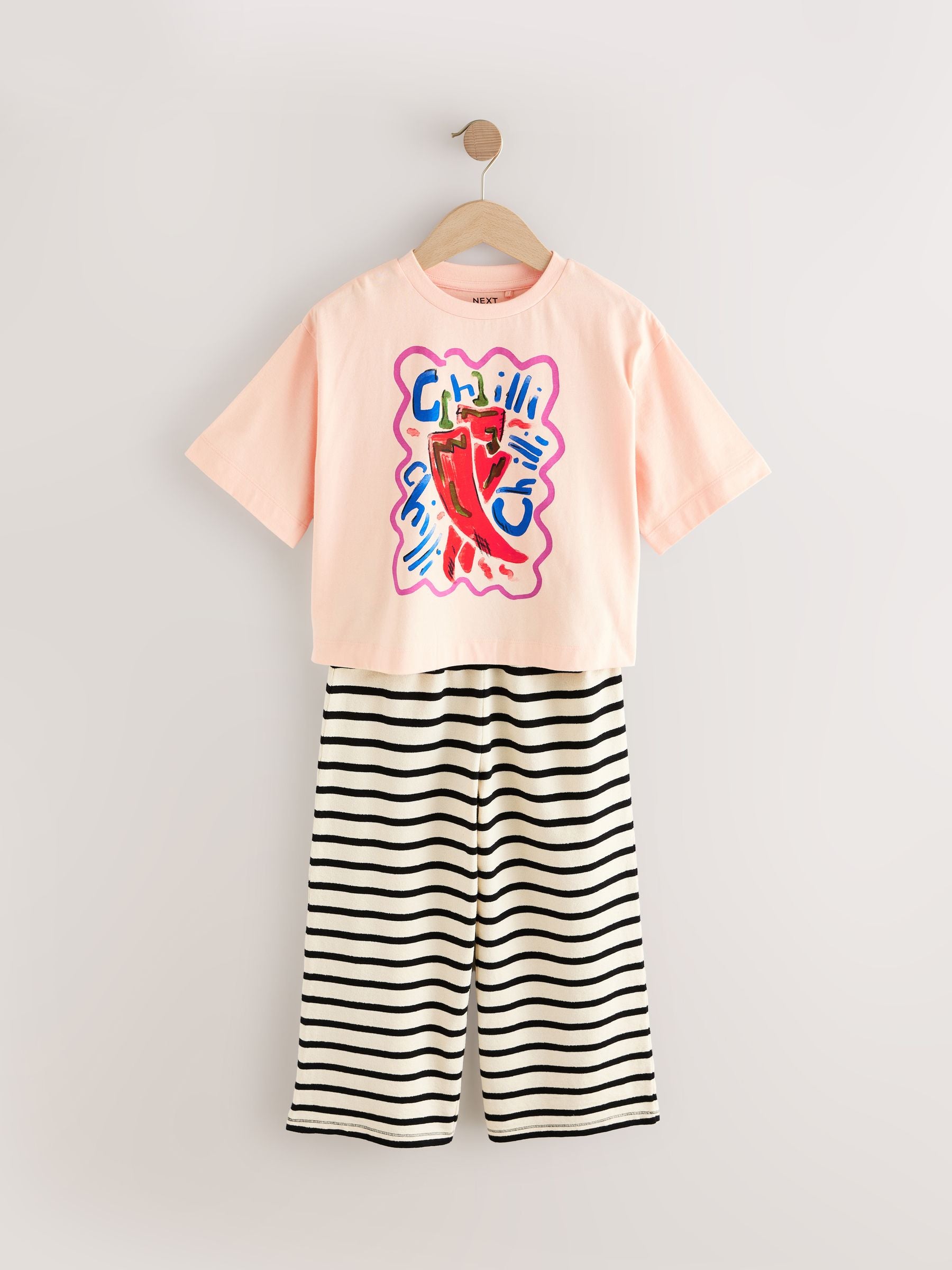 Orange/White Oversized Chilli 100% Cotton Graphic Print T-Shirt with Wide Leg Crochet Trousers (3-16yrs)