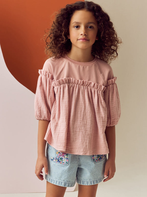 Pink 100% Cotton Puff Sleeve Peplum T-Shirt (3-16yrs)