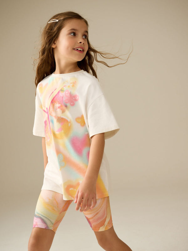 Ecru Butterfly Oversized T-Shirt and Cycle Shorts Set (3-16yrs)