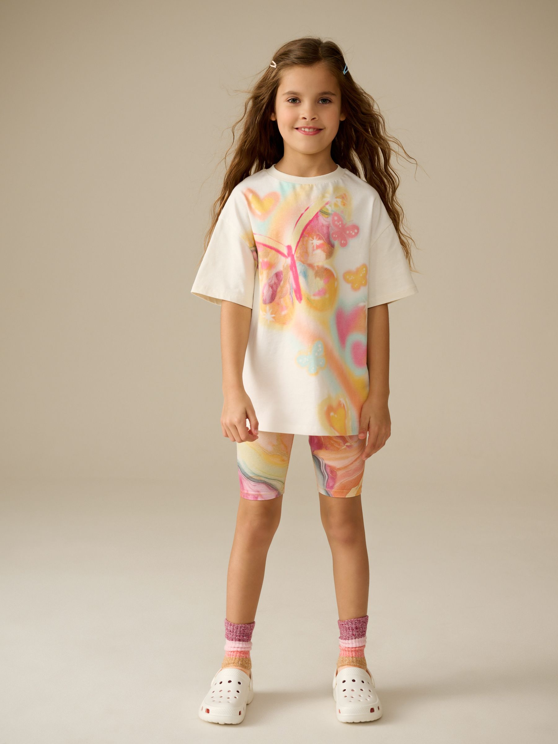 Ecru Butterfly Oversized T-Shirt and Cycle Shorts Set (3-16yrs)