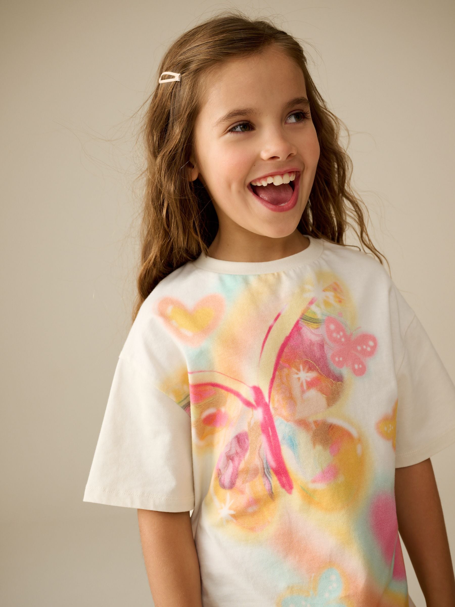 Ecru Butterfly Oversized T-Shirt and Cycle Shorts Set (3-16yrs)