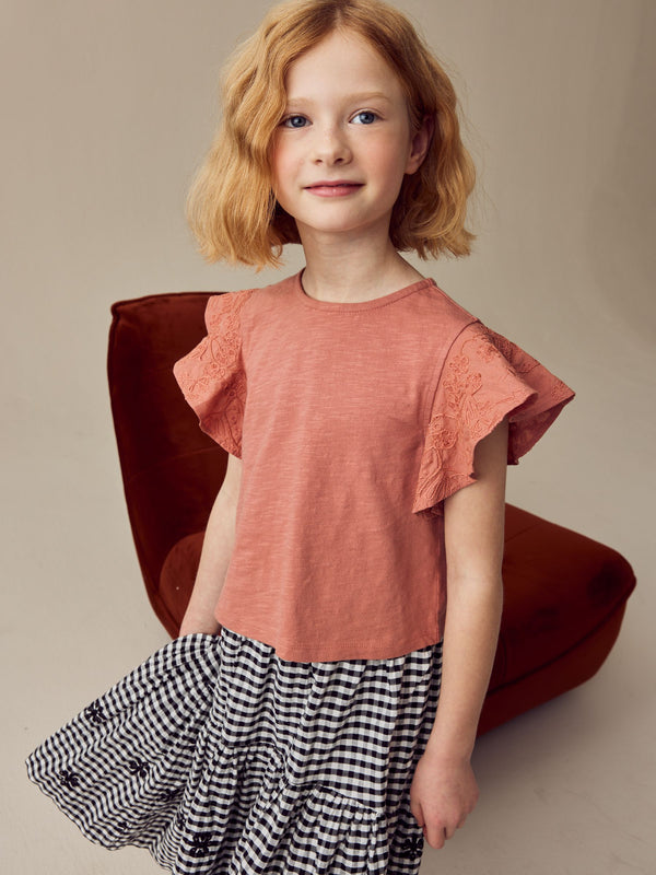 Rust Brown Cornelli Frill Sleeve 100% Cotton T-Shirt (3-16yrs)