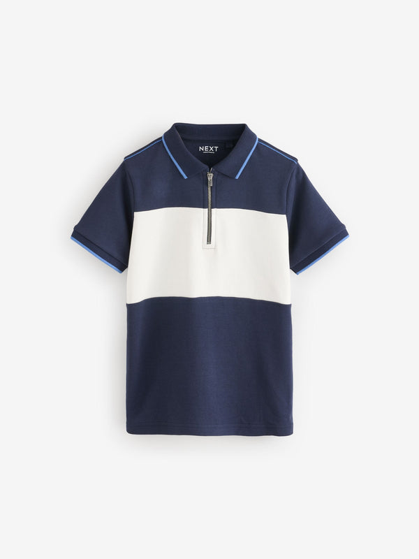 Navy/White 100% Cotton Quarter Zip Colourblock Short Sleeve Polo Shirt (3-16yrs)